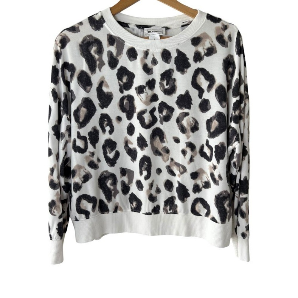 For The Republic Women‎ Leopard Print Sweatshirt White Black Tan Modal Blend L